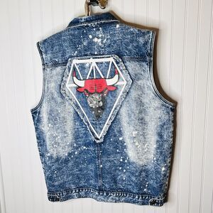 Men's Blue Denim Vest with Bull Design